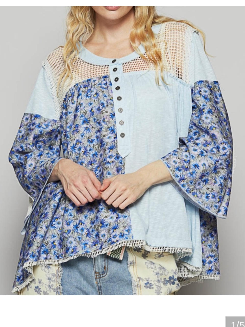 POL Light Blue Floral Patchwork Tunic with Crochet Yoke